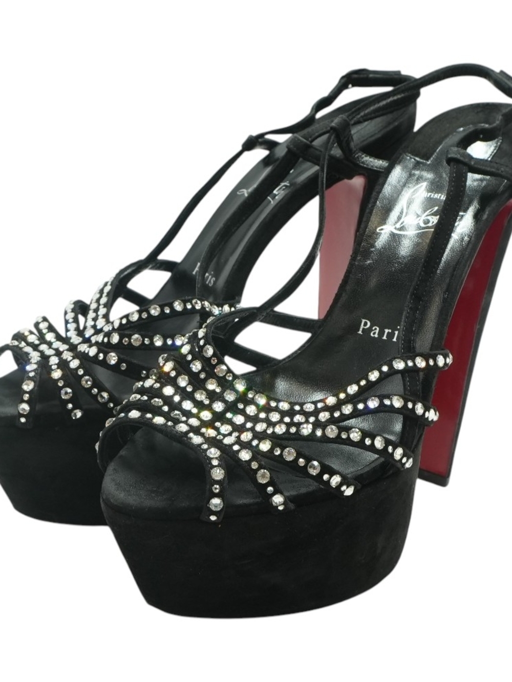 Christian Louboutin Black Suede Crystal-Strap Platform Sandals